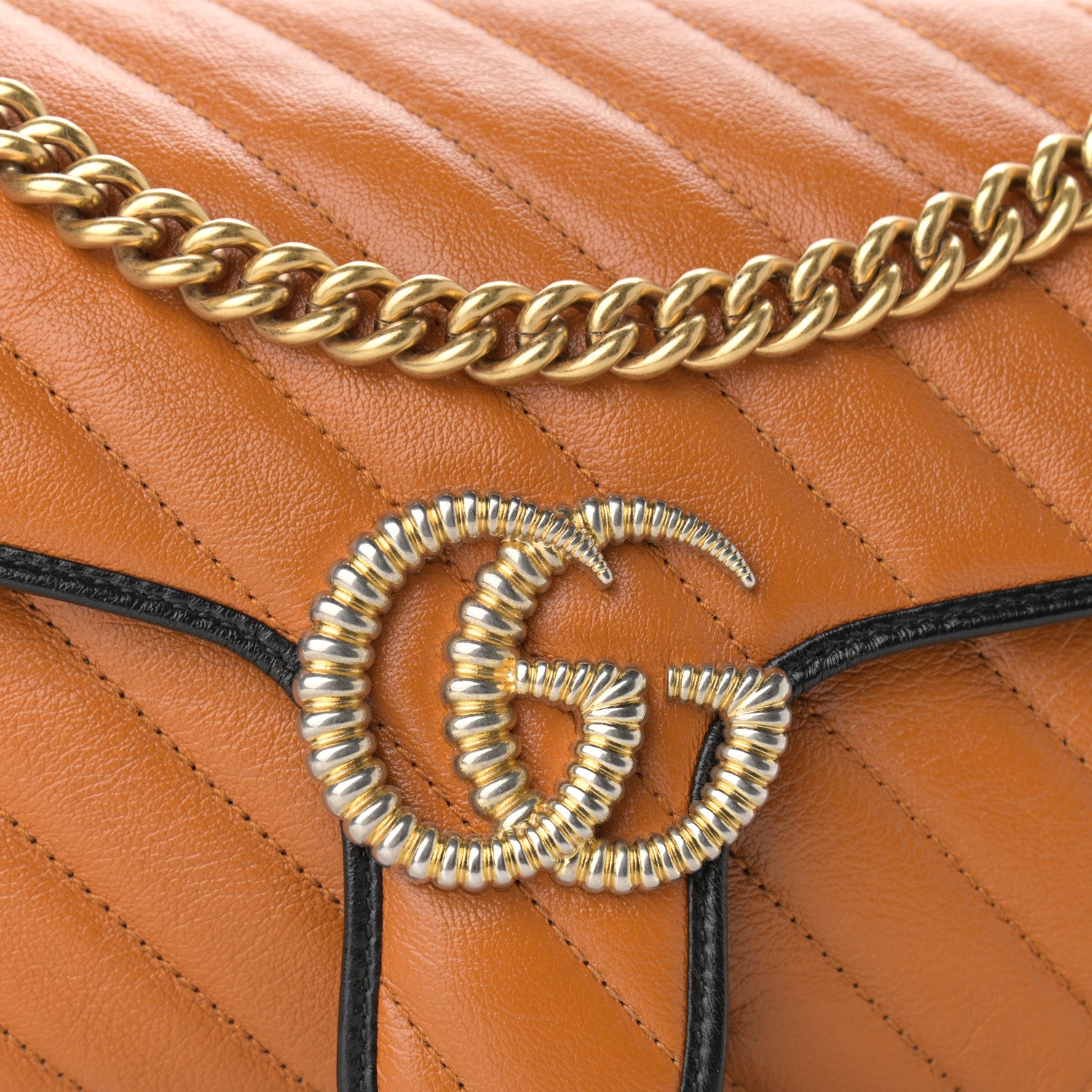 Gucci Vintage Effect Calfskin Matelasse Diagonal Small Torchon GG Marmont Shoulder Bag Cognac Black 8 of 14