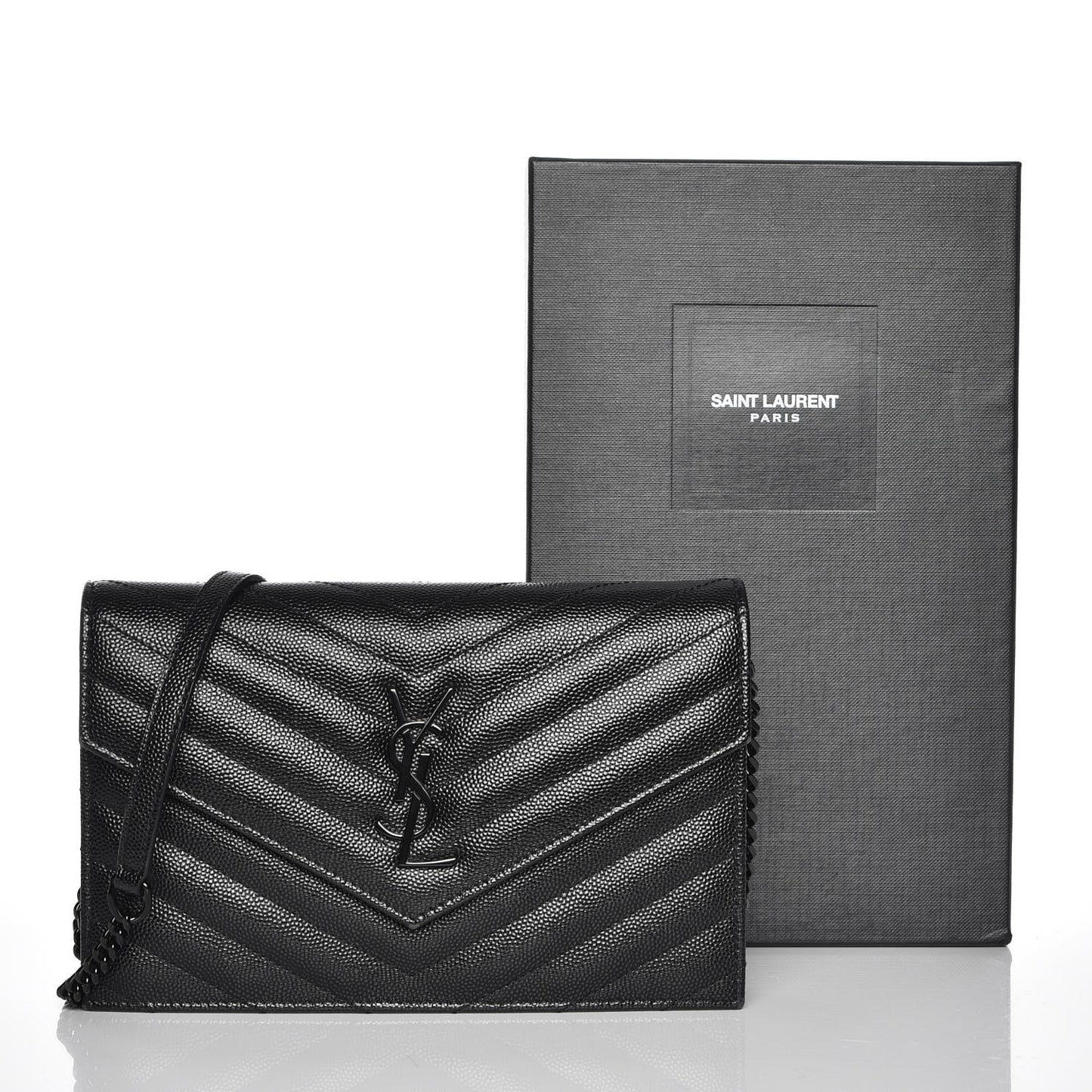 Grain De Poudre Matelasse Chevron Monogram Envelope Chain Wallet Black