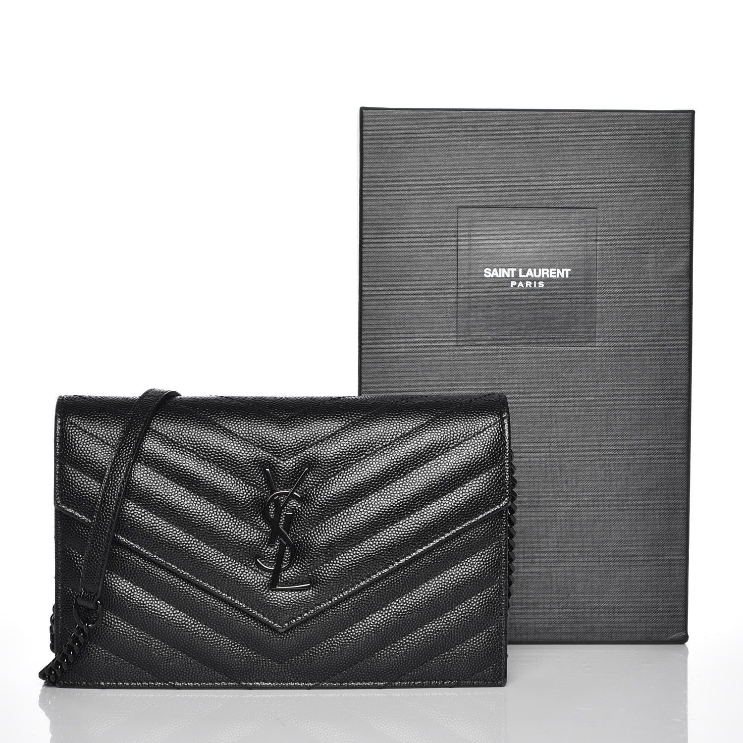 Saint Laurent Grain De Poudre Matelasse Chevron Monogram Envelope Chain Wallet Black 8 of 8