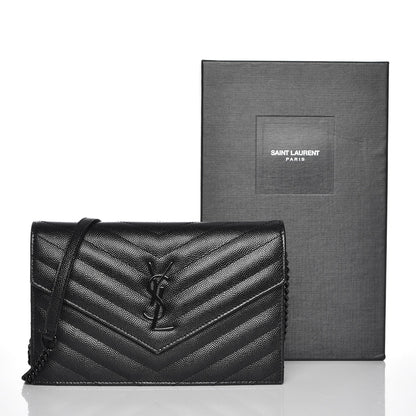 Saint Laurent Grain De Poudre Matelasse Chevron Monogram Envelope Chain Wallet Black 8 of 8