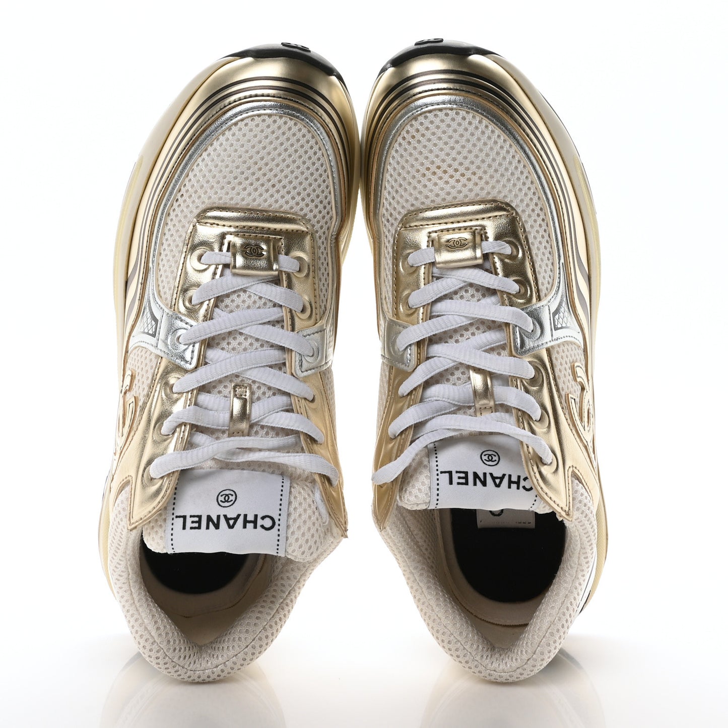 Fabric Laminated Calfskin Stretch CC Womens Sneakers 37.5 White Gold Silver