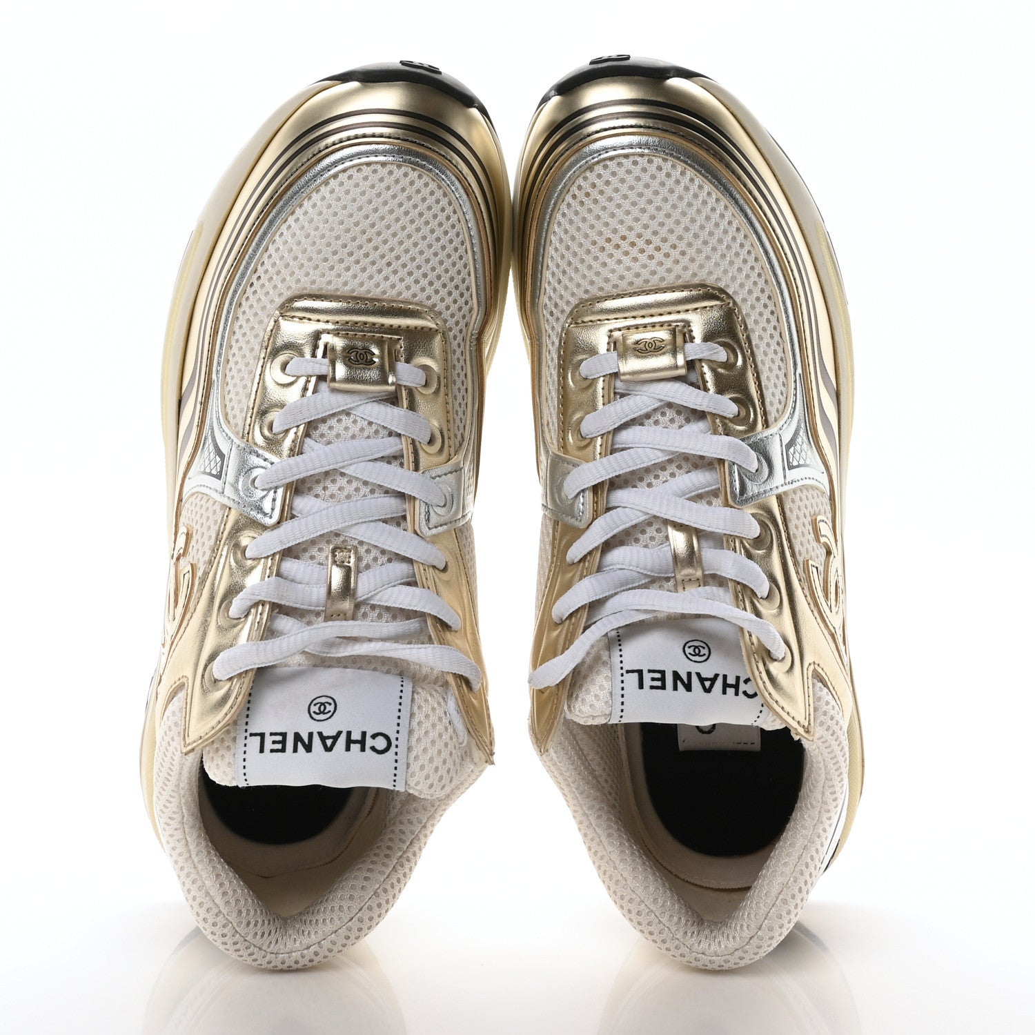 Chanel Fabric Laminated Calfskin Stretch CC Womens Sneakers 37.5 White Gold Silver 2 of 9