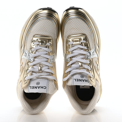 Chanel Fabric Laminated Calfskin Stretch CC Womens Sneakers 37.5 White Gold Silver 2 of 9