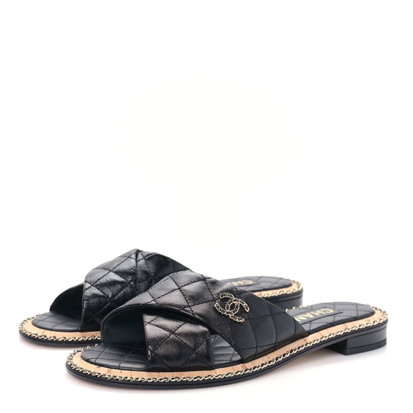 Lambskin Quilted Chain CC Sandals 39 Black