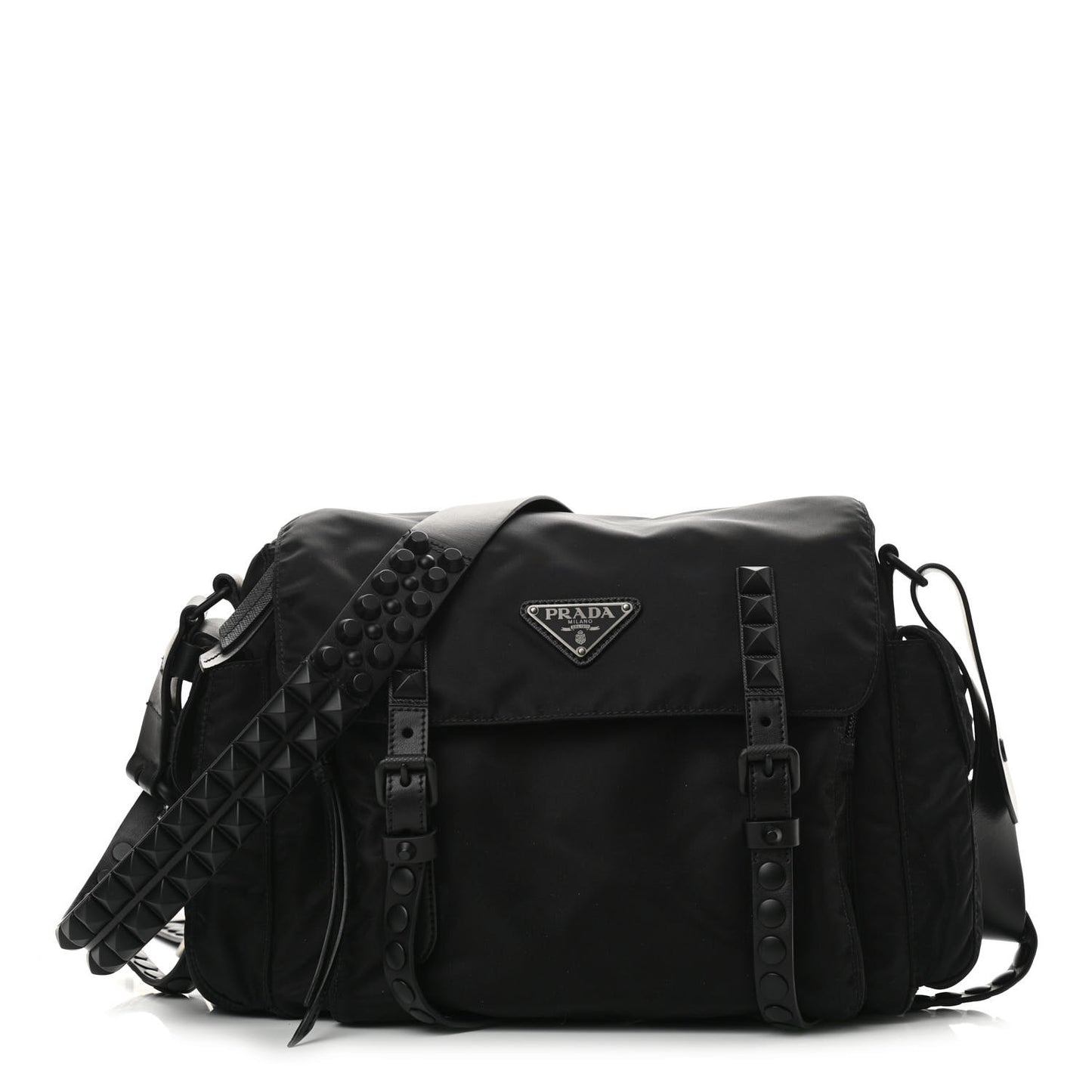 Nylon New Vela Studded Messenger Bag Black