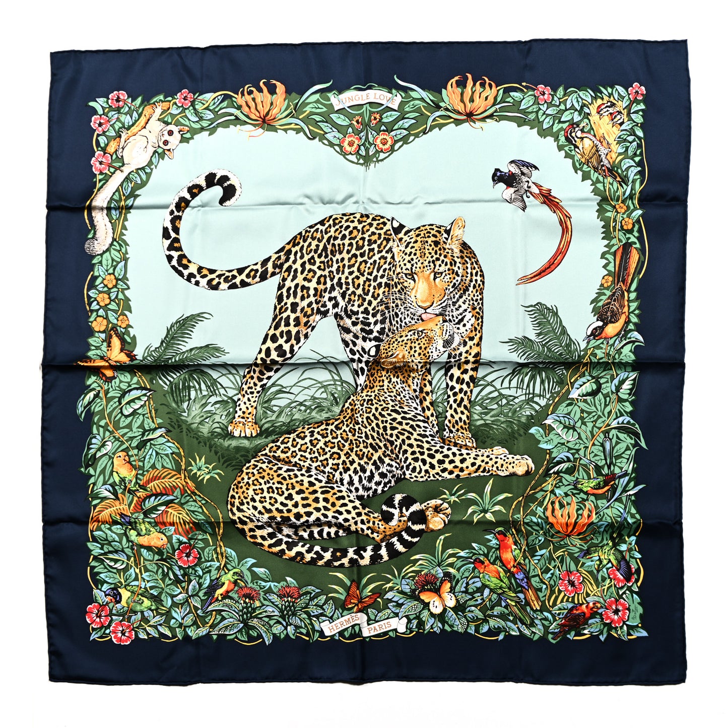 Silk Jungle Love Scarf 90 Marine Vert Orange