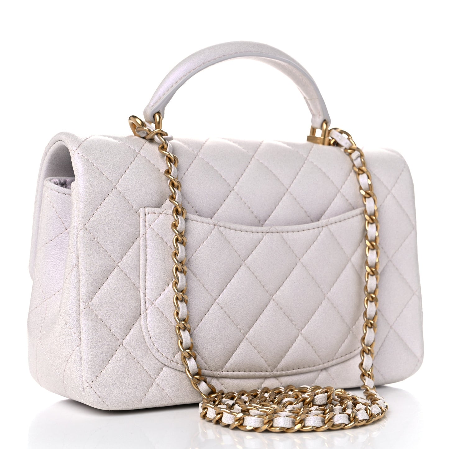 Iridescent Lambskin Quilted Mini Top Handle Rectangular Flap White