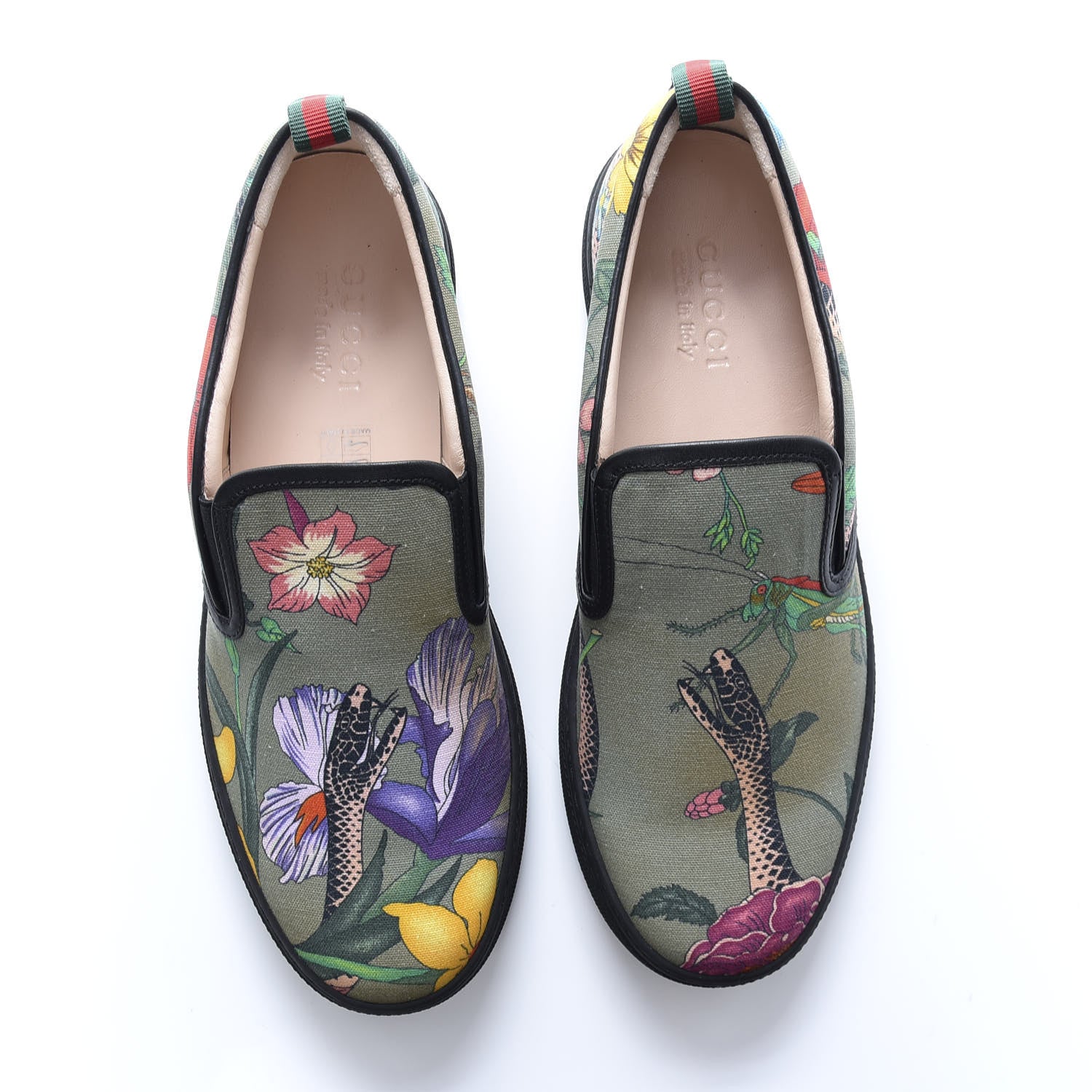 Gucci Canvas Miro Soft Calfskin Web Floral Snake Print Mens Dublin Slip On Sneakers 8 Militare Multicolor Black 5 of 11