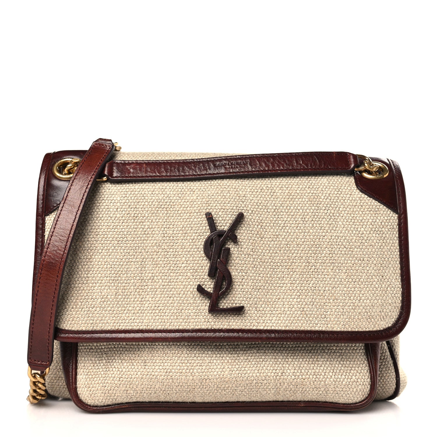 Saint Laurent Cotton Canvas Vintage Calfskin Monogram Medium Niki Chain Satchel Natural Chocolate 1 of 9