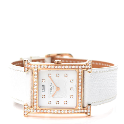 Hermes 18K Rose Gold Epsom Diamond Bezel Mother of Pearl 26mm Heure H Hour Quartz Watch Blanc 2 of 5