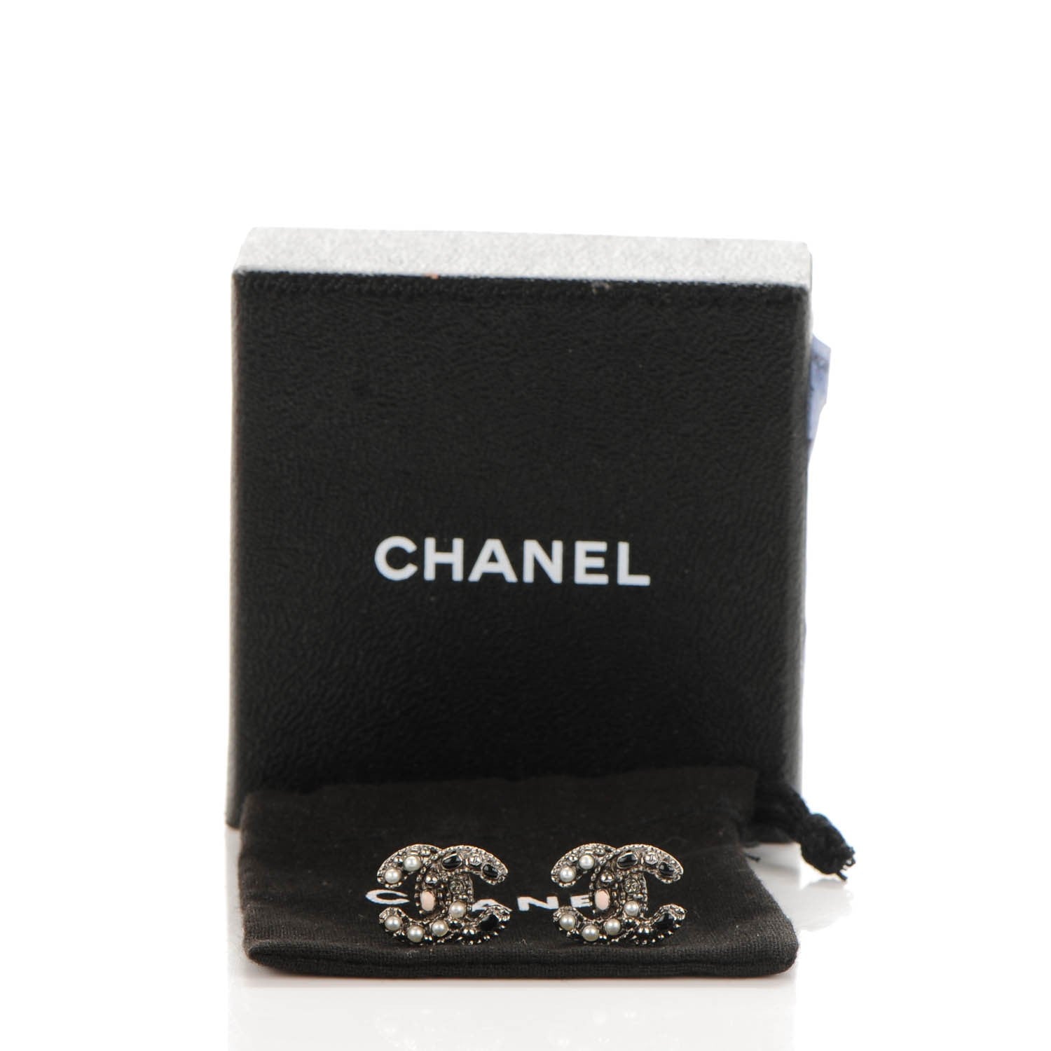 Chanel Ruthenium Crystal CC Earrings Black Pearly White 5 of 5