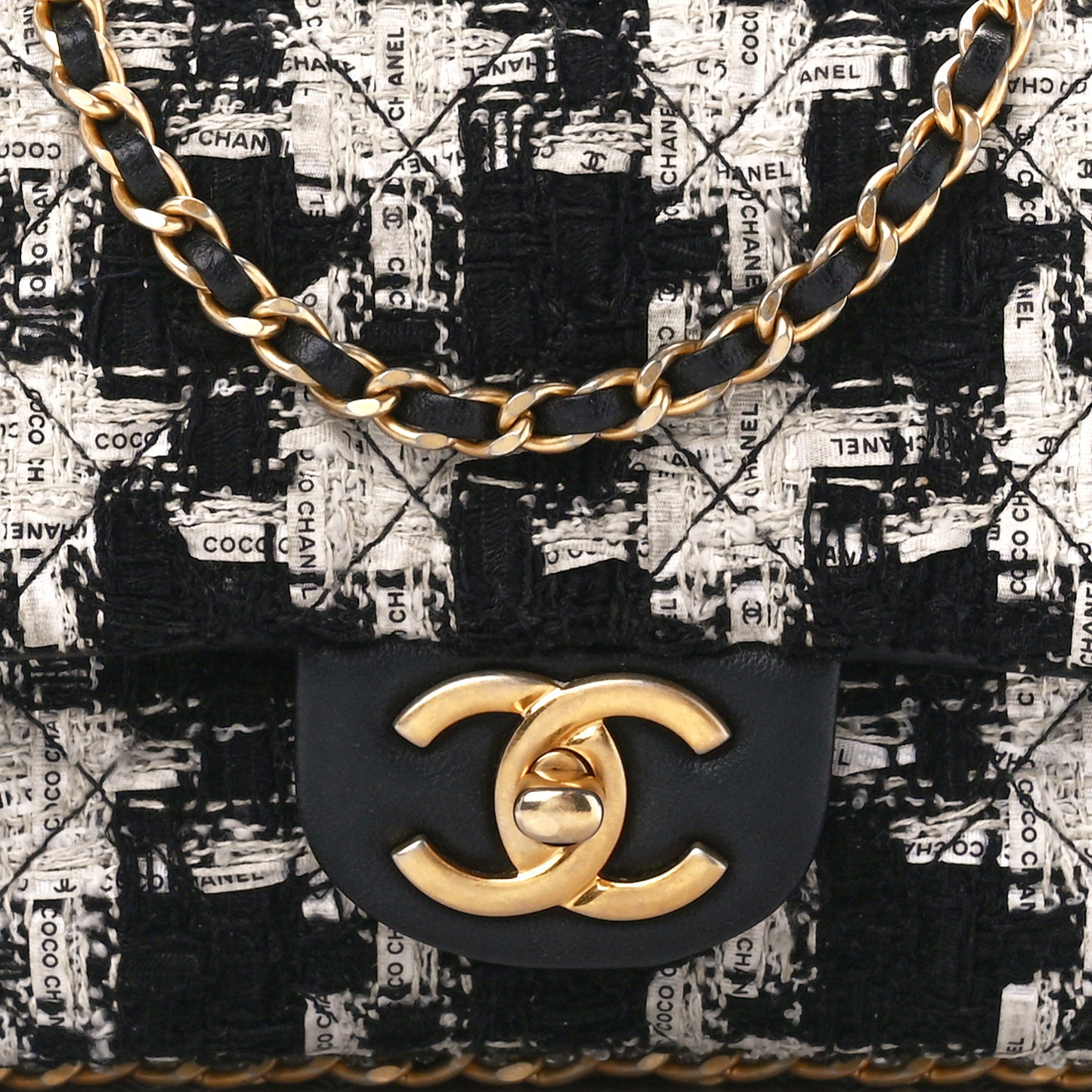 Tweed Quilted Mini Side Pearl Flap Bag Black Ecru White