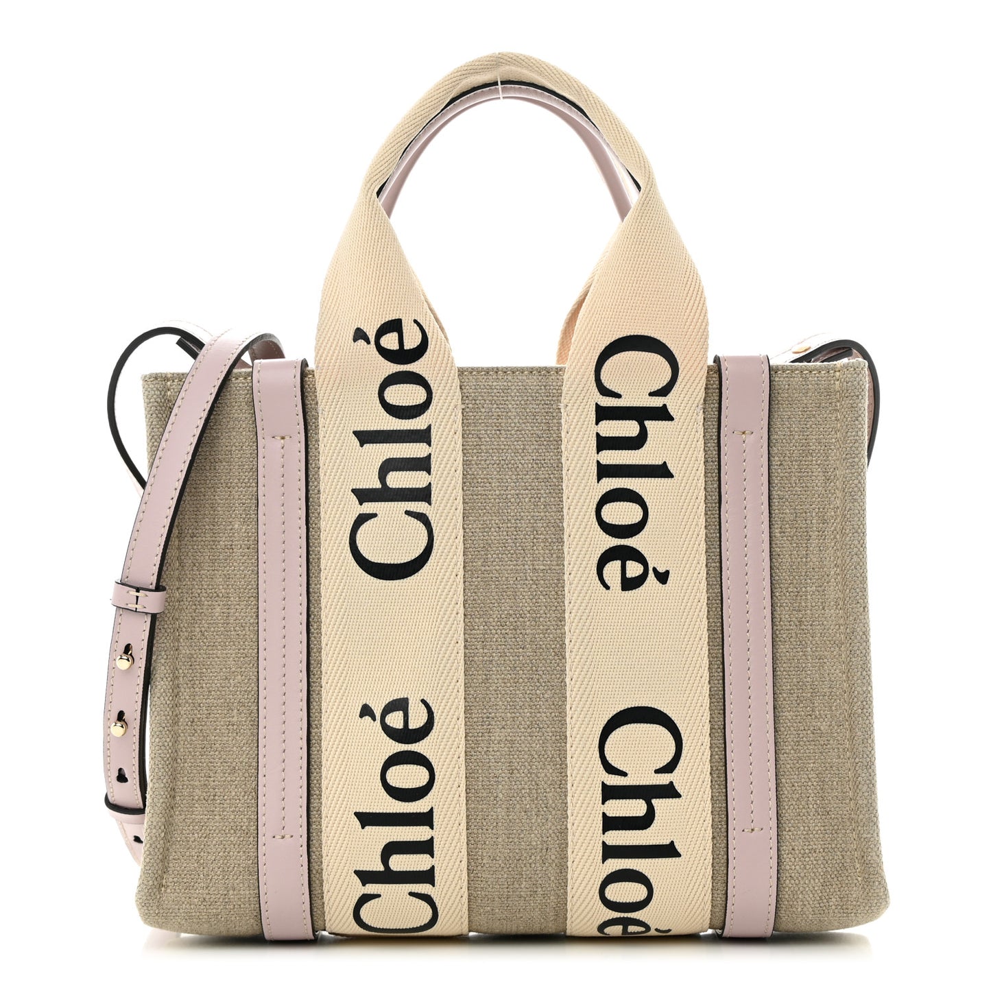 Linen Calfskin Small Woody Ribbon Tote With Strap White Pink