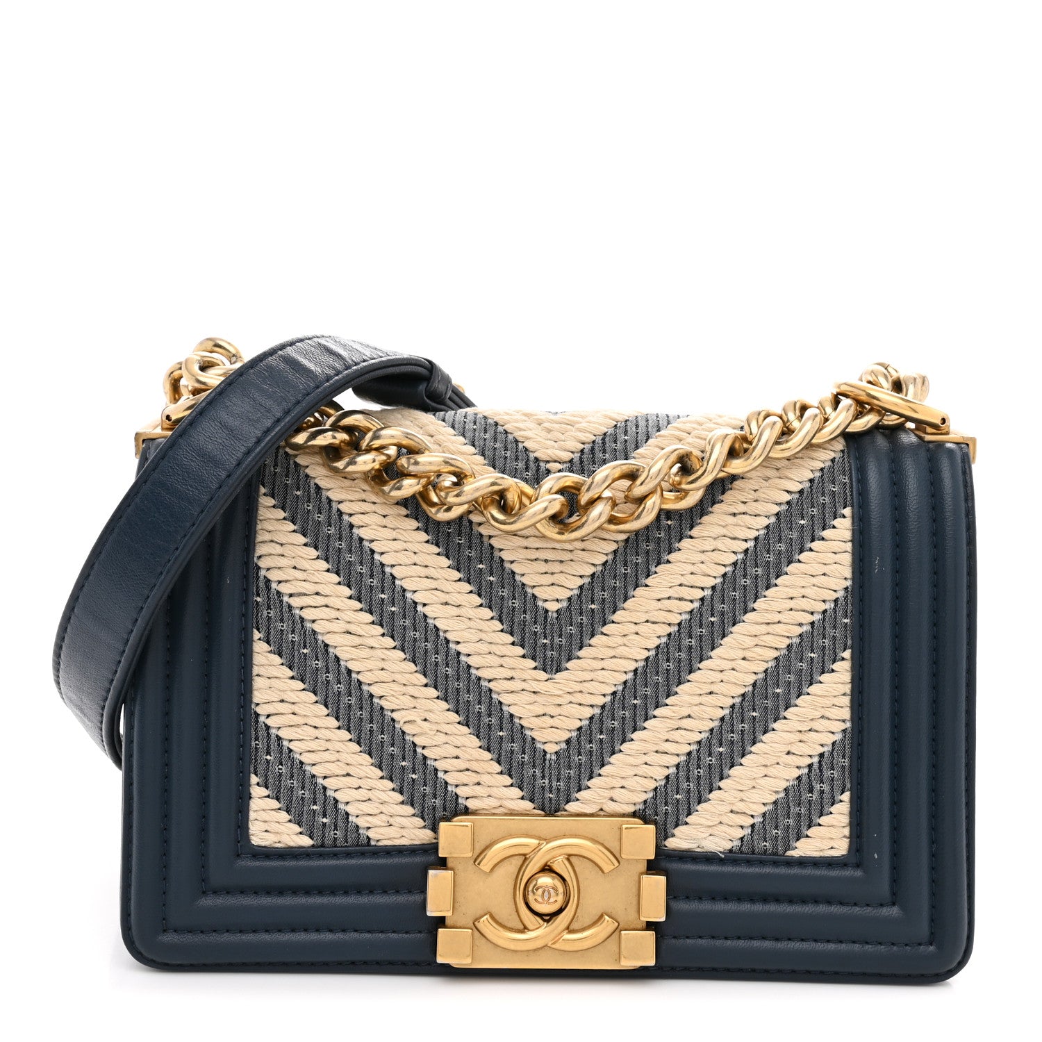 Chanel Fabric Chevron Braided Small Boy Flap Blue Ivory 1 of 12