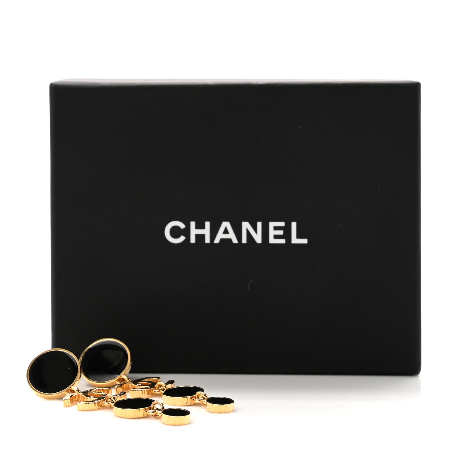 Chanel Metal Resin Disc CC Long Drop Earrings Gold Black 5 of 5