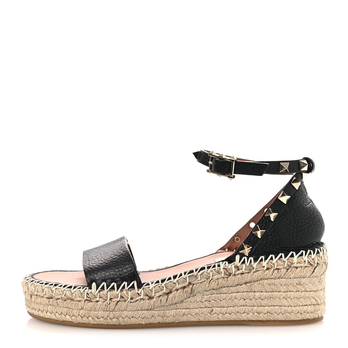 Grained Calfskin Rockstud Ankle Strap Espadrille 30/55mm Wedge Sandals 36 Black
