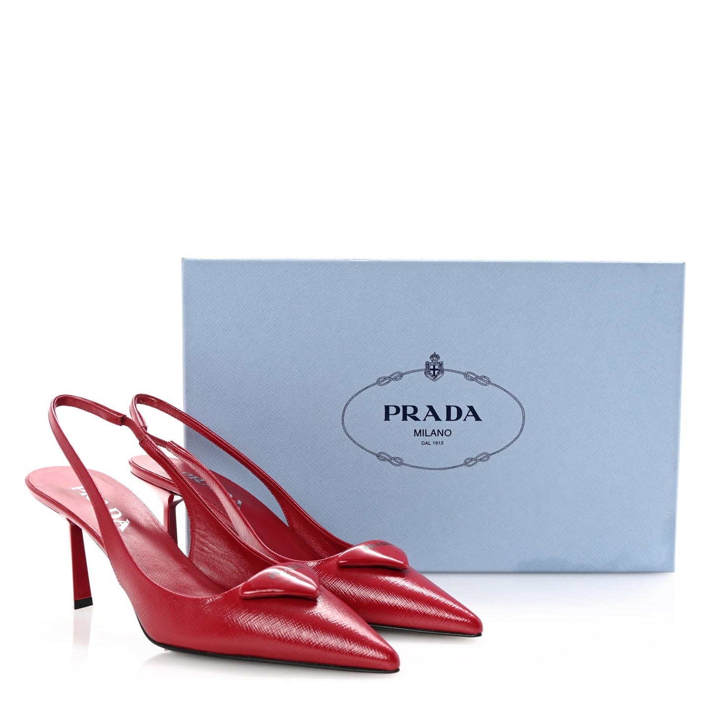 Vernice Saffiano Triangle Logo Pointed Toe 75mm Slingback Pumps 37 Cherry Red