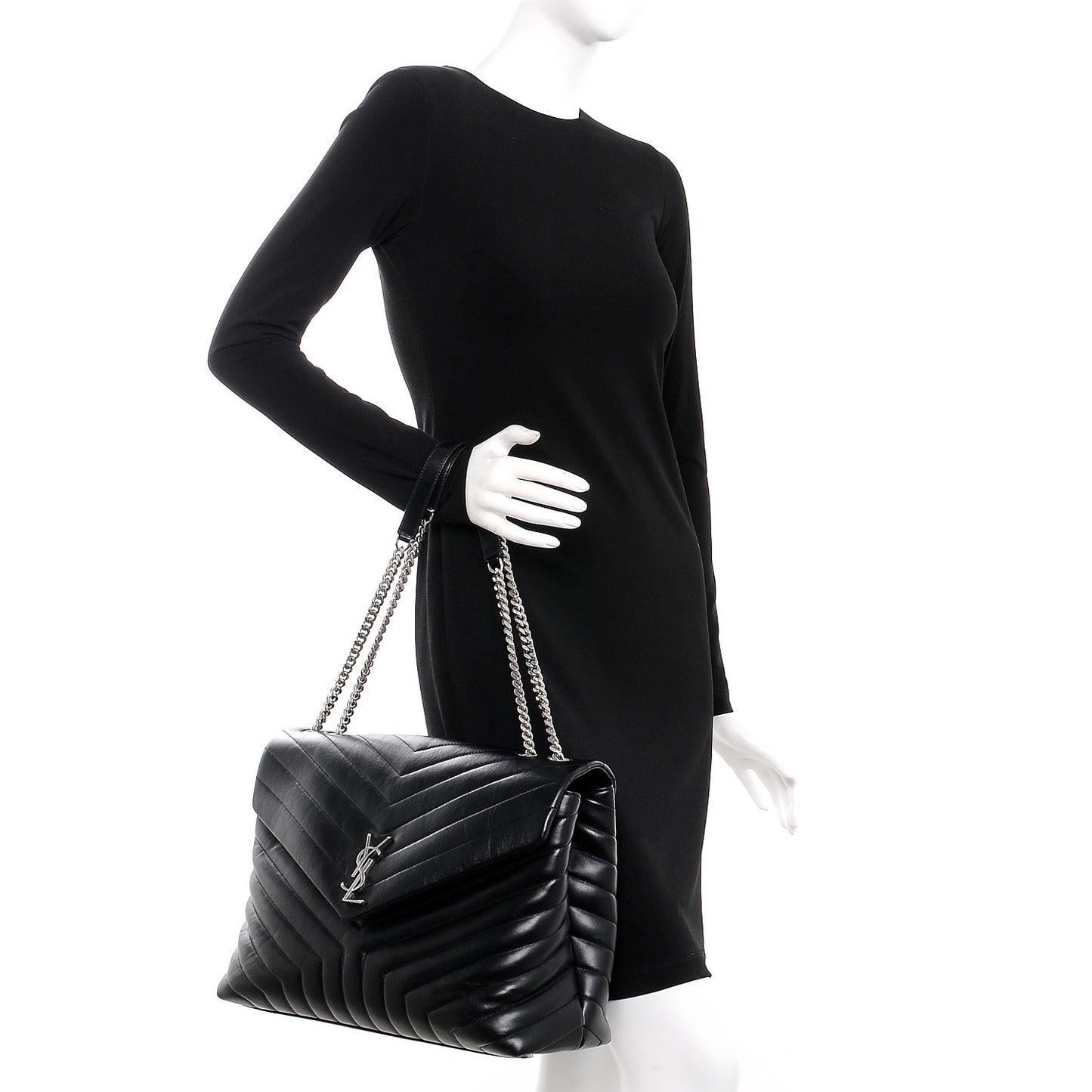 Calfskin Y Quilted Monogram Large Loulou Chain Satchel Black