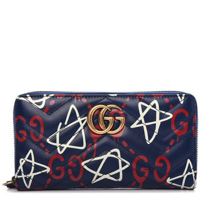 Gucci Calfskin Matelasse GucciGhost GG Marmont Zip Around Wallet Blue Agata Hibiscus Red 1 of 9
