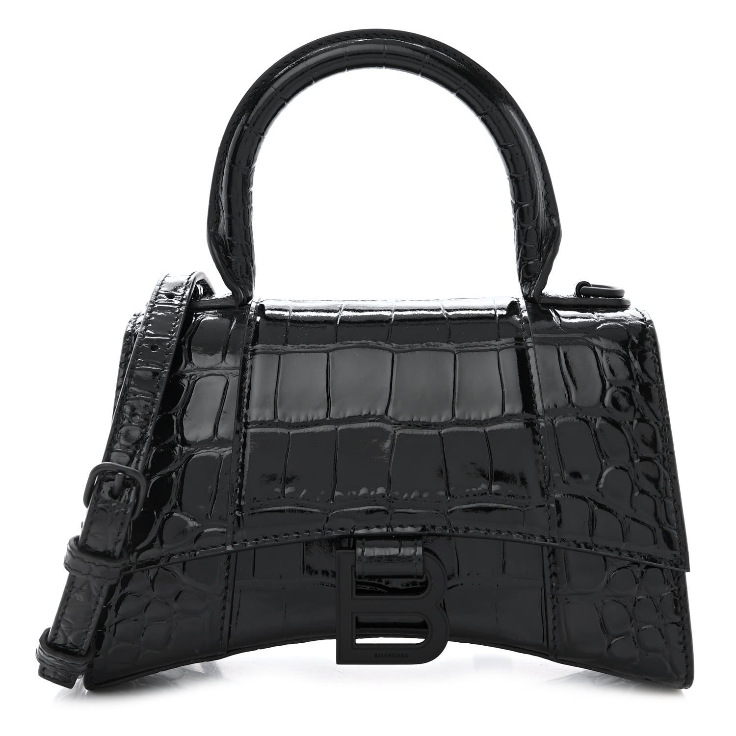 Balenciaga Shiny Calfskin Monochrome Crocodile Embossed Hourglass Top Handle Bag XS Black 1 of 11