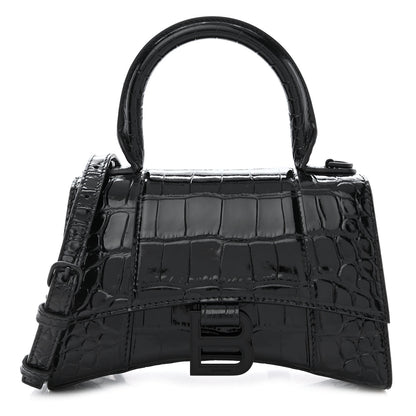 Balenciaga Shiny Calfskin Monochrome Crocodile Embossed Hourglass Top Handle Bag XS Black 1 of 11