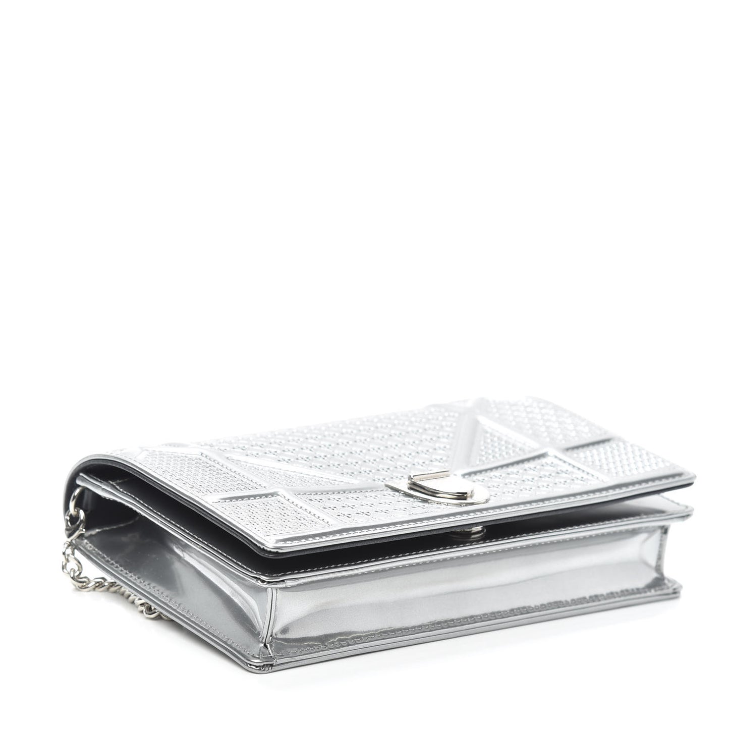 Metallic Patent Micro-Cannage Diorama Wallet on Chain Pouch Silver