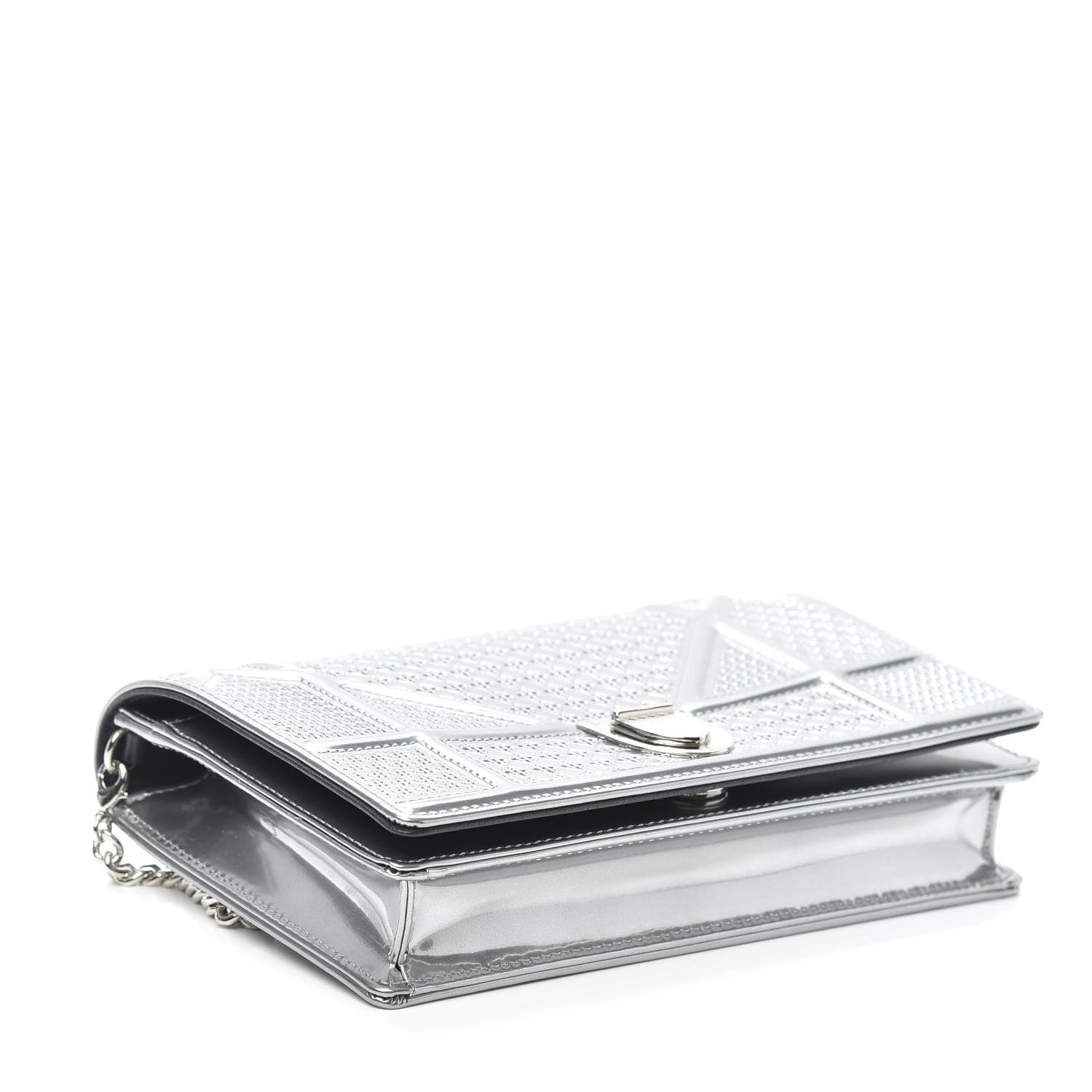 Christian Dior Metallic Patent Micro-Cannage Diorama Wallet on Chain Pouch Silver 4 of 8
