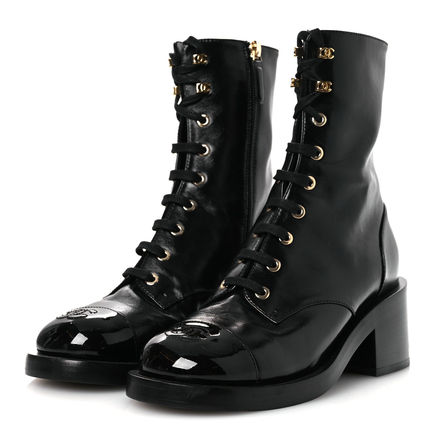 Shiny Calfskin Patent Cap Toe Lace Up Combat Boots 36.5 Black
