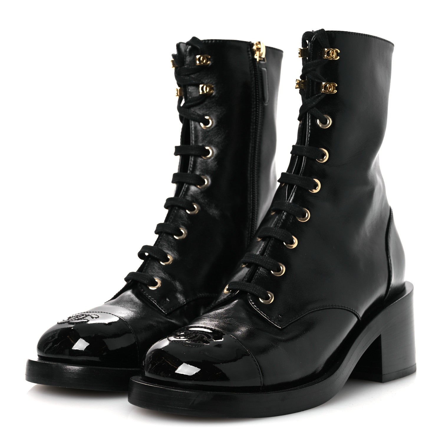 Chanel Shiny Calfskin Patent Cap Toe Lace Up Combat Boots 36.5 Black 4 of 10