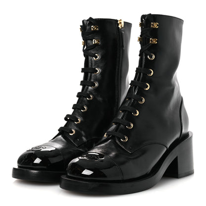 Chanel Shiny Calfskin Patent Cap Toe Lace Up Combat Boots 36.5 Black 4 of 10