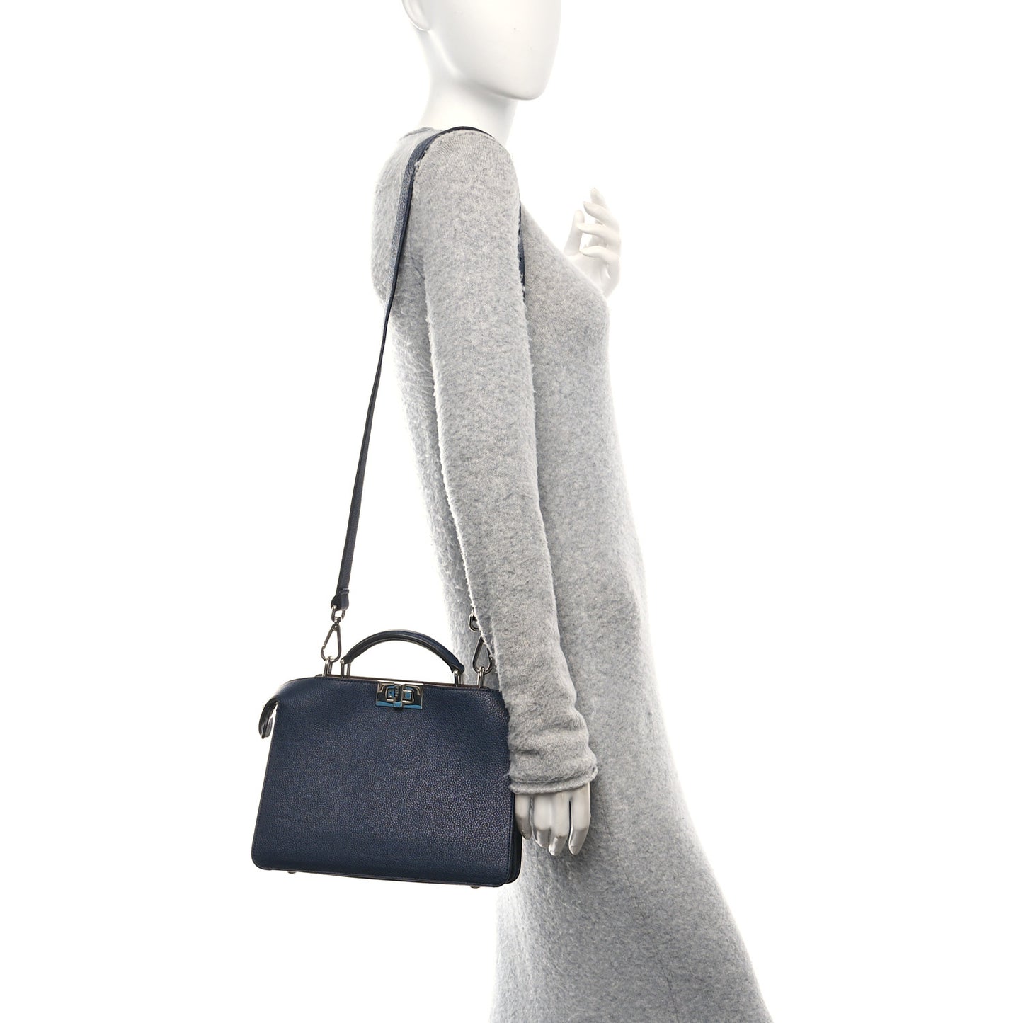 Cuoio Romano Vitello Cover Glazed Fabric Bi-Color FF 1974 Mini Peekaboo I SEE U Satchel Blue Dark Brown Tobacco Moro