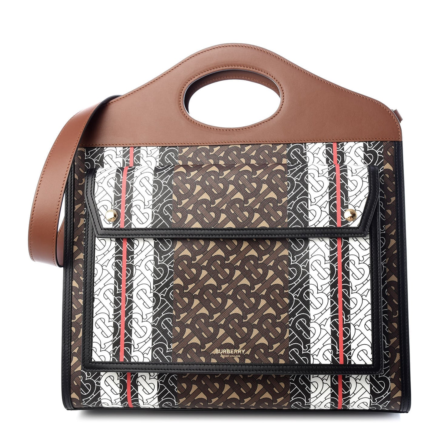 E-Canvas Monogram Stripe Medium Pocket Bag Bridle Brown