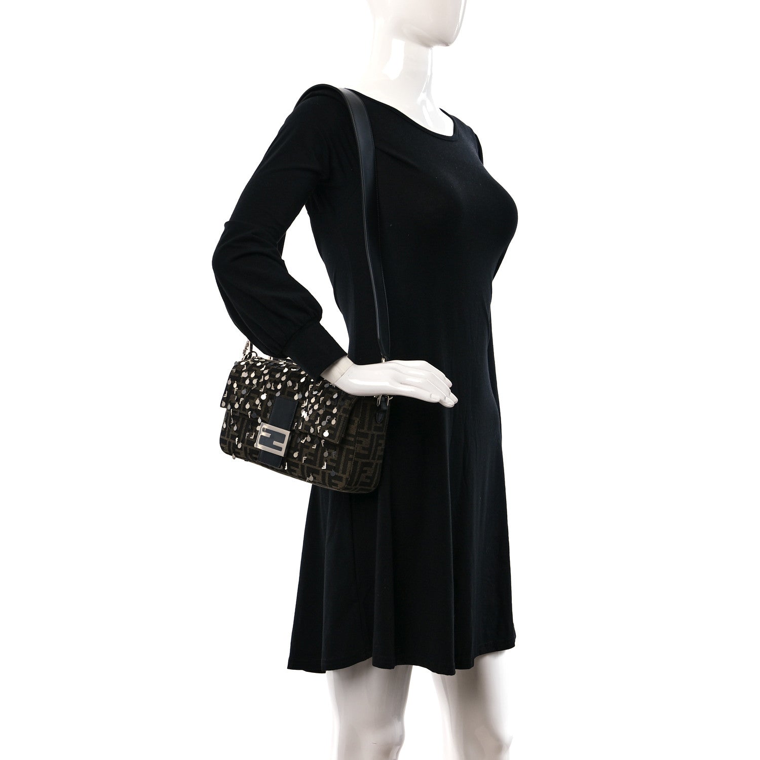 Fendi Fabric Jacquard F Paillettes Vitello Cover FF 1974 Embroidered Baguette Tobacco Moro Argento 2 of 8