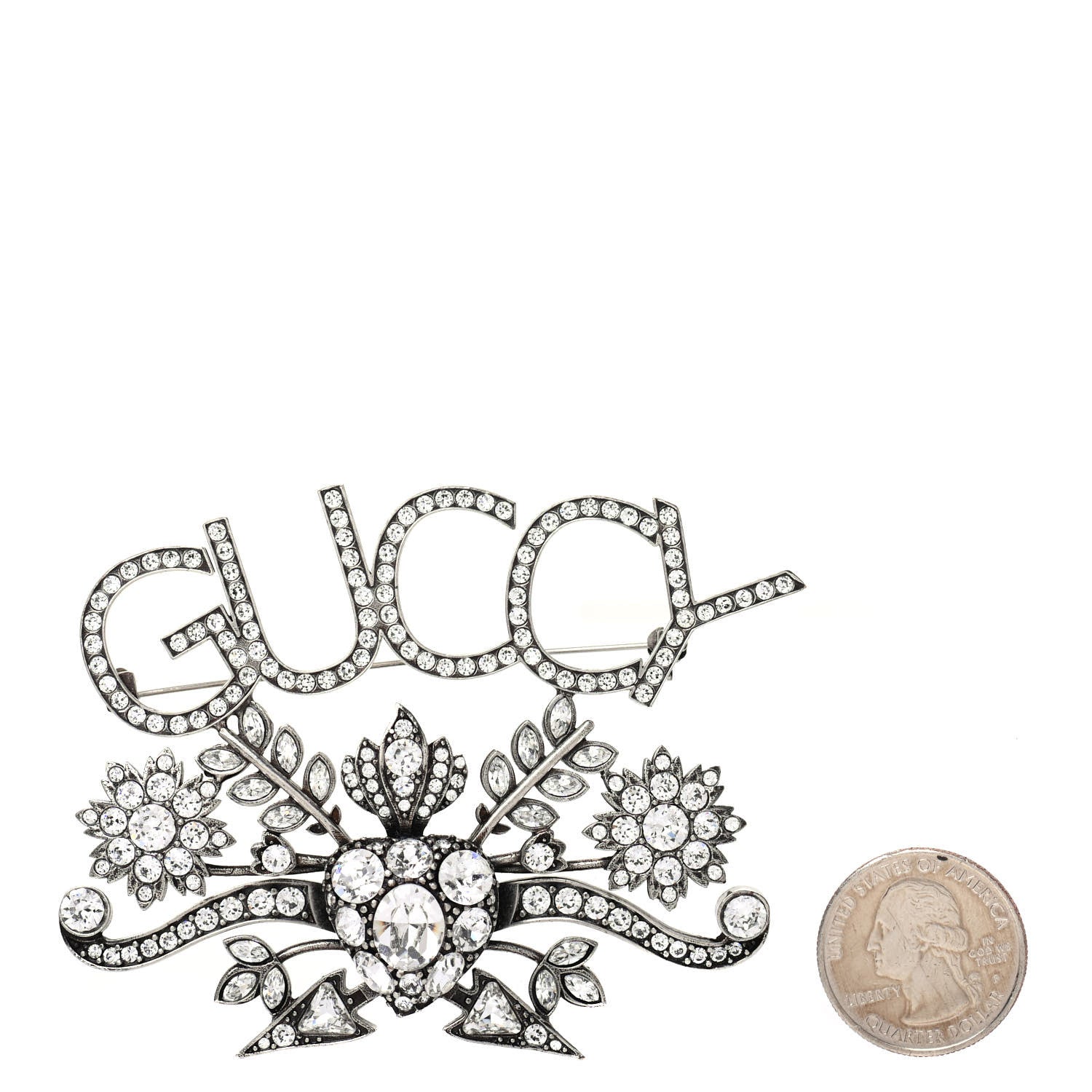 Gucci Metal Crystal Guccy Brooch Aged Silver 2 of 4