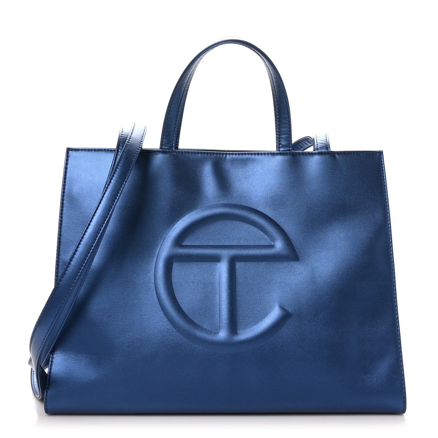 Metallic Vegan Leather Medium Shopping Bag Cobalt