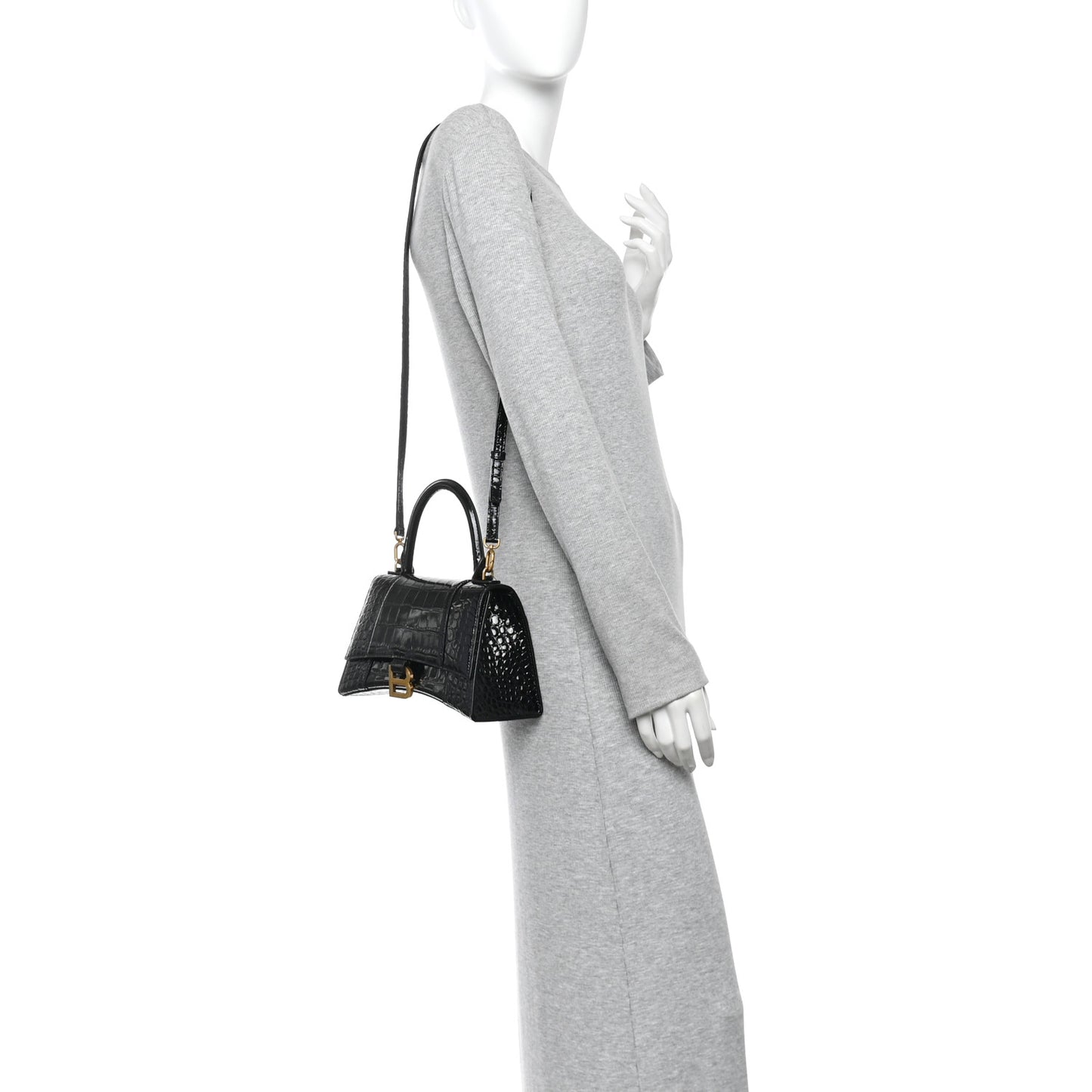 Shiny Calfskin Crocodile Embossed Small Hourglass Top Handle Bag  Black
