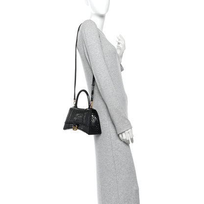 Balenciaga Shiny Calfskin Crocodile Embossed Small Hourglass Top Handle Bag  Black 2 of 12