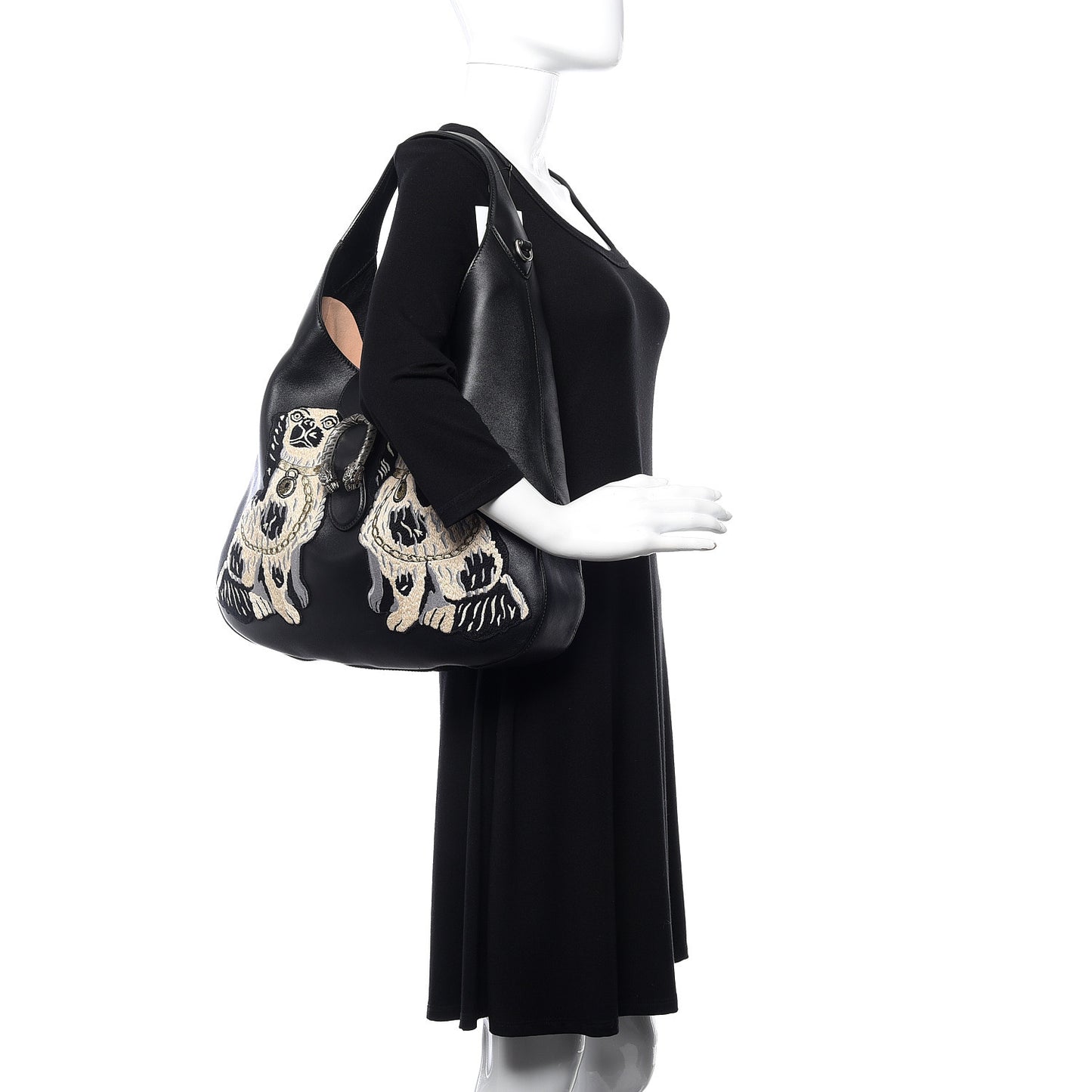 Calfskin Dog Embroidered Large Dionysus Hobo Black