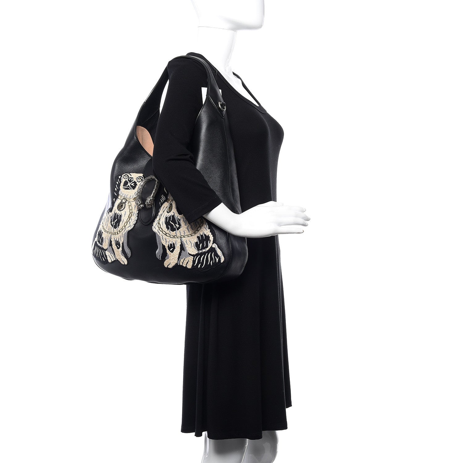 Gucci Calfskin Dog Embroidered Large Dionysus Hobo Black 3 of 10