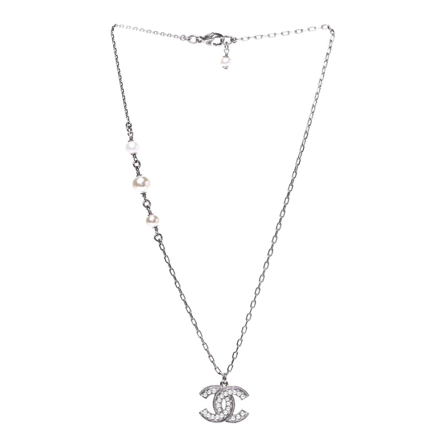 Crystal Pearl CC Pendant Necklace Silver