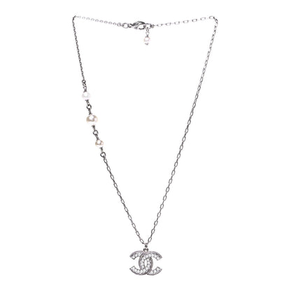 Chanel Crystal Pearl CC Pendant Necklace Silver 2 of 3