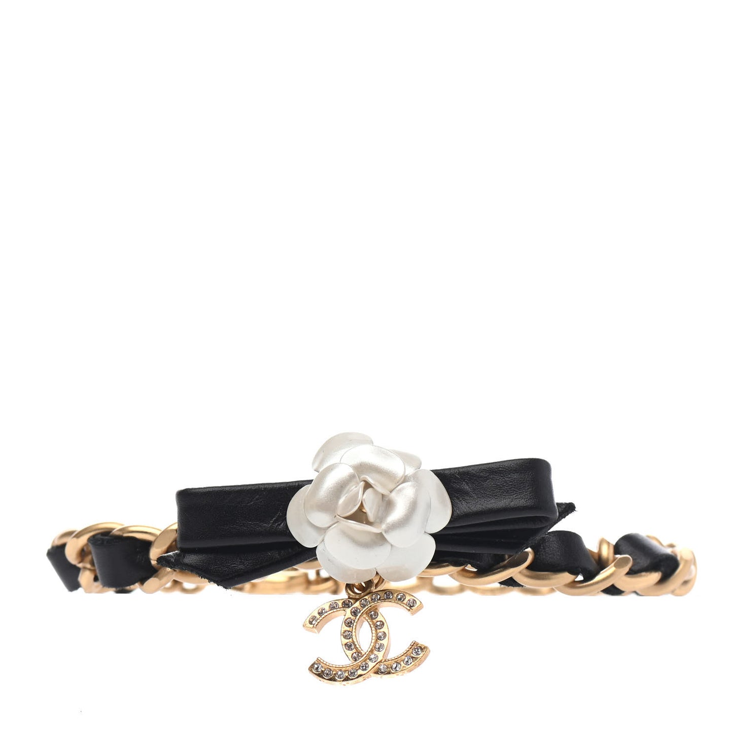 Metal Calfskin Crystal Chain 90's Camellia Bracelet Black Gold