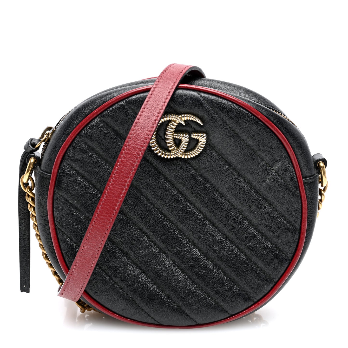 Vintage Effect Calfskin Matelasse Diagonal Mini Torchon GG Marmont Round Shoulder Bag Black Romantic Cherry