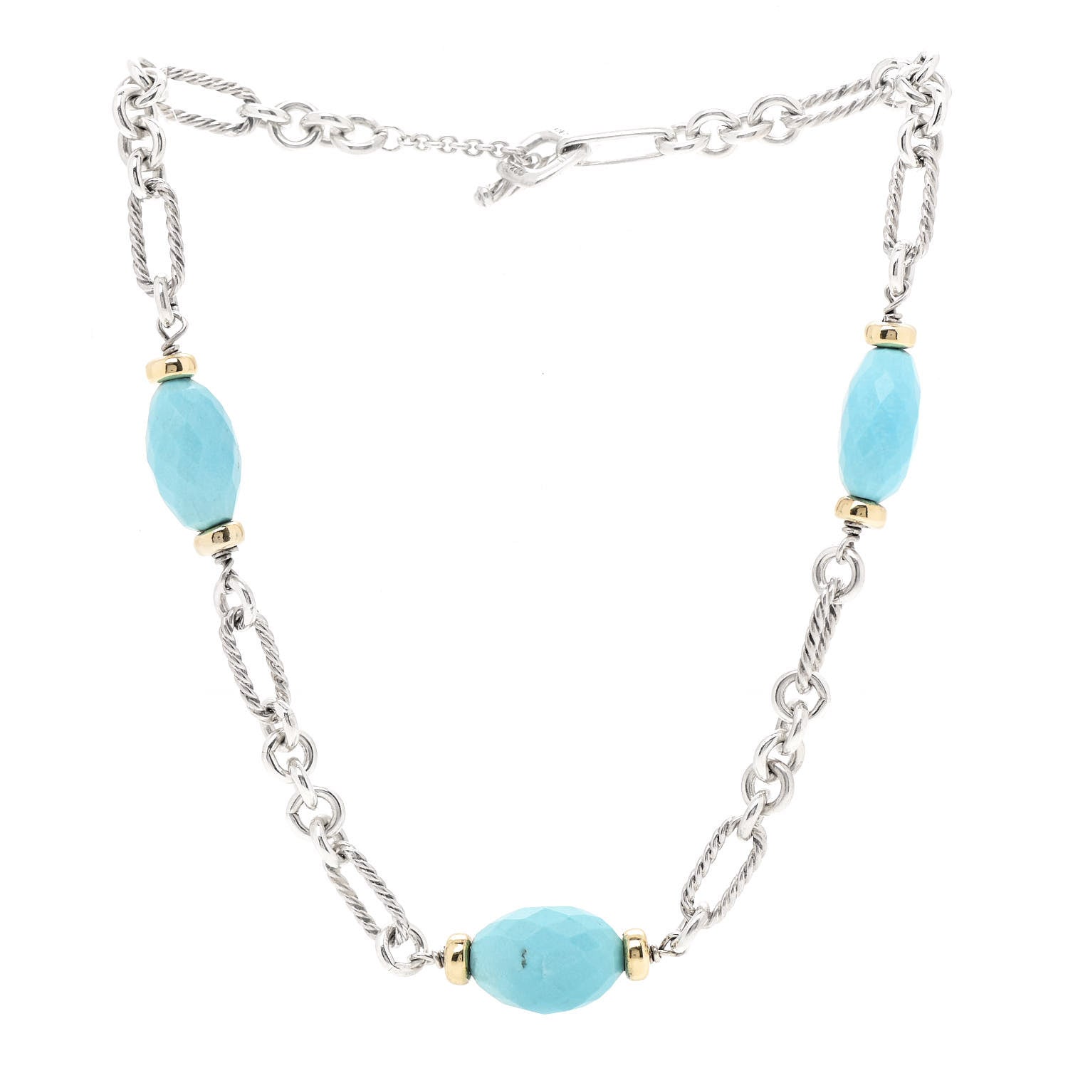 David Yurman Sterling Silver 18K Yellow Gold Turquoise Figaro Necklace 2 of 3
