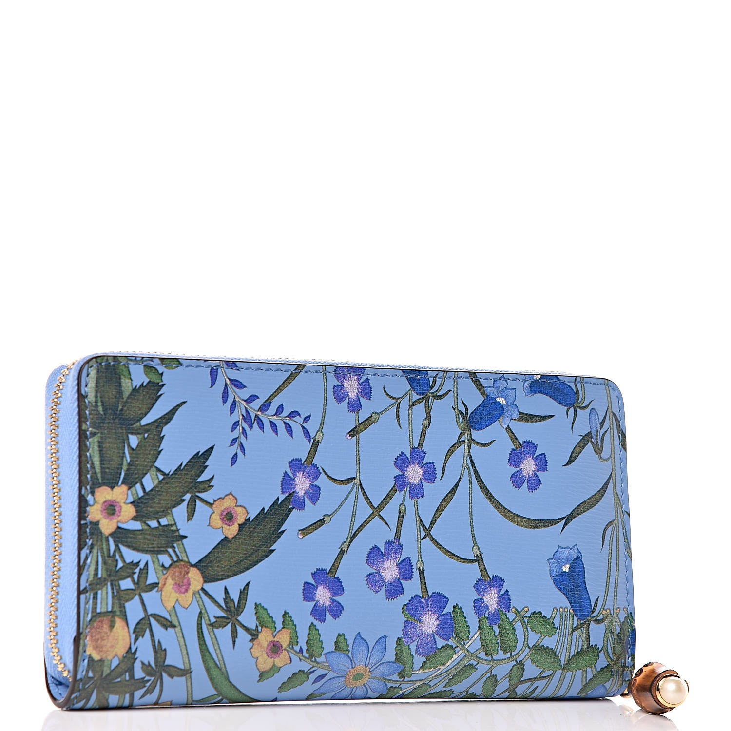 Gucci Calfskin New Flora Bamboo Zip Around Long Wallet Azure 3 of 8