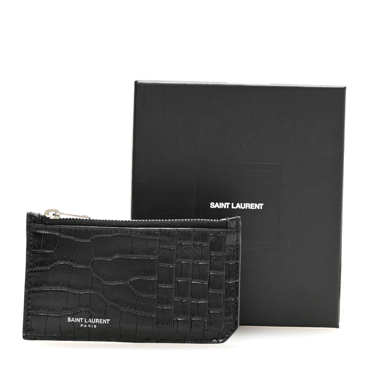 Calfskin Crocodile Embossed 5 Fragments Zip Pouch Card Holder Black
