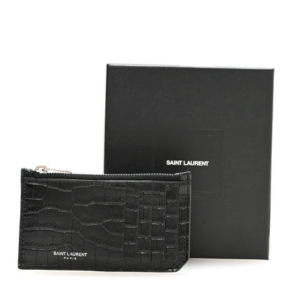 Saint Laurent Calfskin Crocodile Embossed 5 Fragments Zip Pouch Card Holder Black 8 of 8