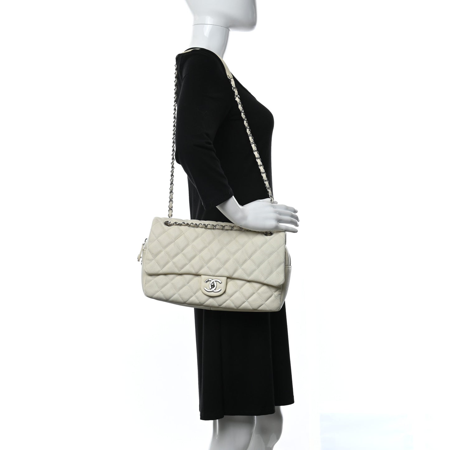 Caviar Quilted Jumbo Easy Flap Dark White