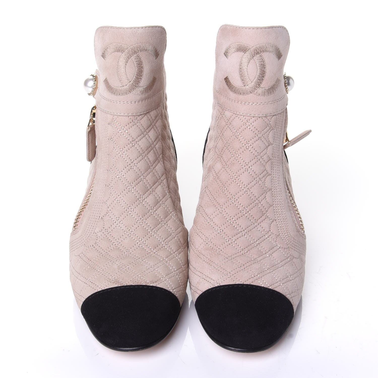 Chanel Kid Suede Quilted Cap Toe Short Boots 36.5 Beige Black 5 of 11