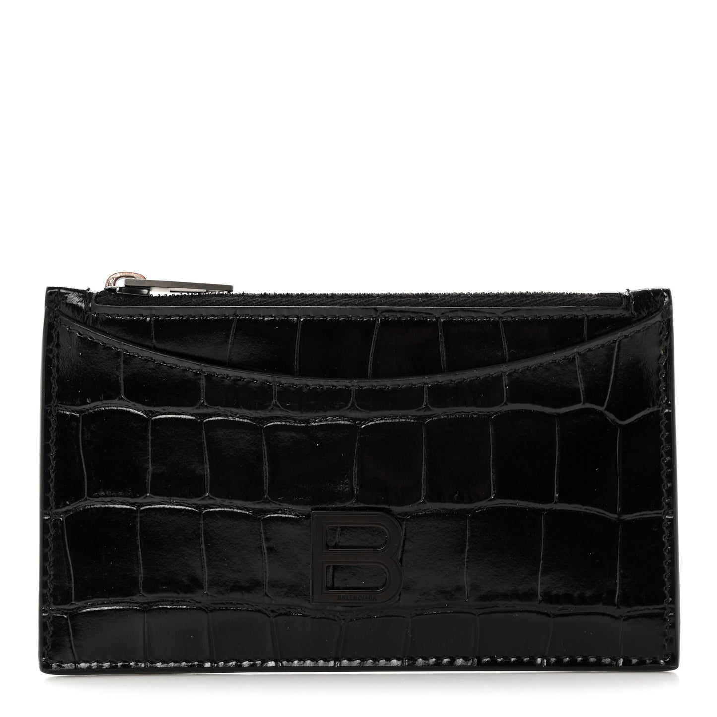 Shiny Calfskin Monochrome Crocodile Embossed Hourglass Long Coin Case Card Holder Black